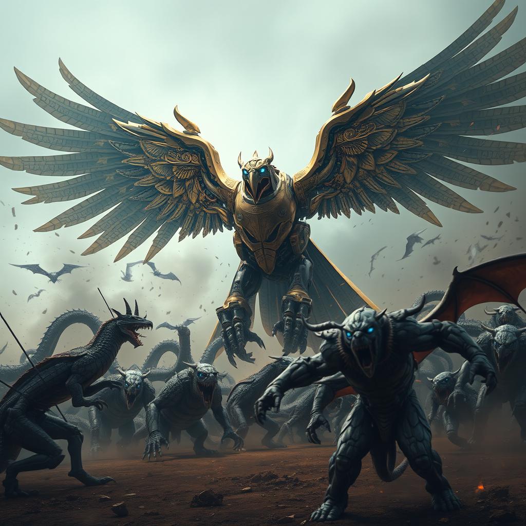 A colossal mechanical Garuda, an imposing figure inspired by the mythical bird from Southeast Asian folklore, fiercely battling a horde of menacing monsters