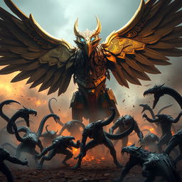 A colossal mechanical Garuda, an imposing figure inspired by the mythical bird from Southeast Asian folklore, fiercely battling a horde of menacing monsters