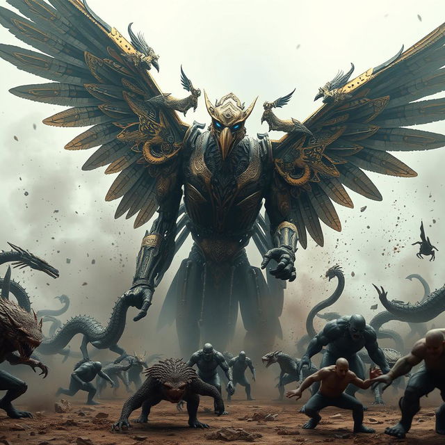 A colossal mechanical Garuda, an imposing figure inspired by the mythical bird from Southeast Asian folklore, fiercely battling a horde of menacing monsters