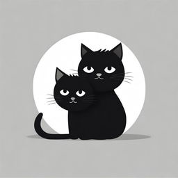 A simple, flat design, black and white cartoon illustration of a playful black cat