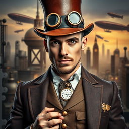A stylish steampunk man wearing a leather brown top hat adorned with goggles, a Victorian-era waistcoat with intricate patterns, and a fitted jacket with brass buttons