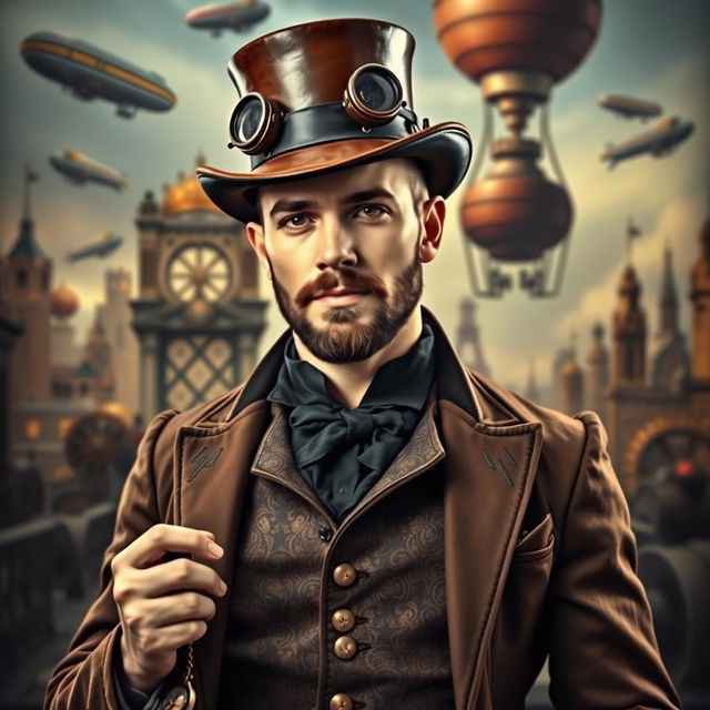 A stylish steampunk man wearing a leather brown top hat adorned with goggles, a Victorian-era waistcoat with intricate patterns, and a fitted jacket with brass buttons