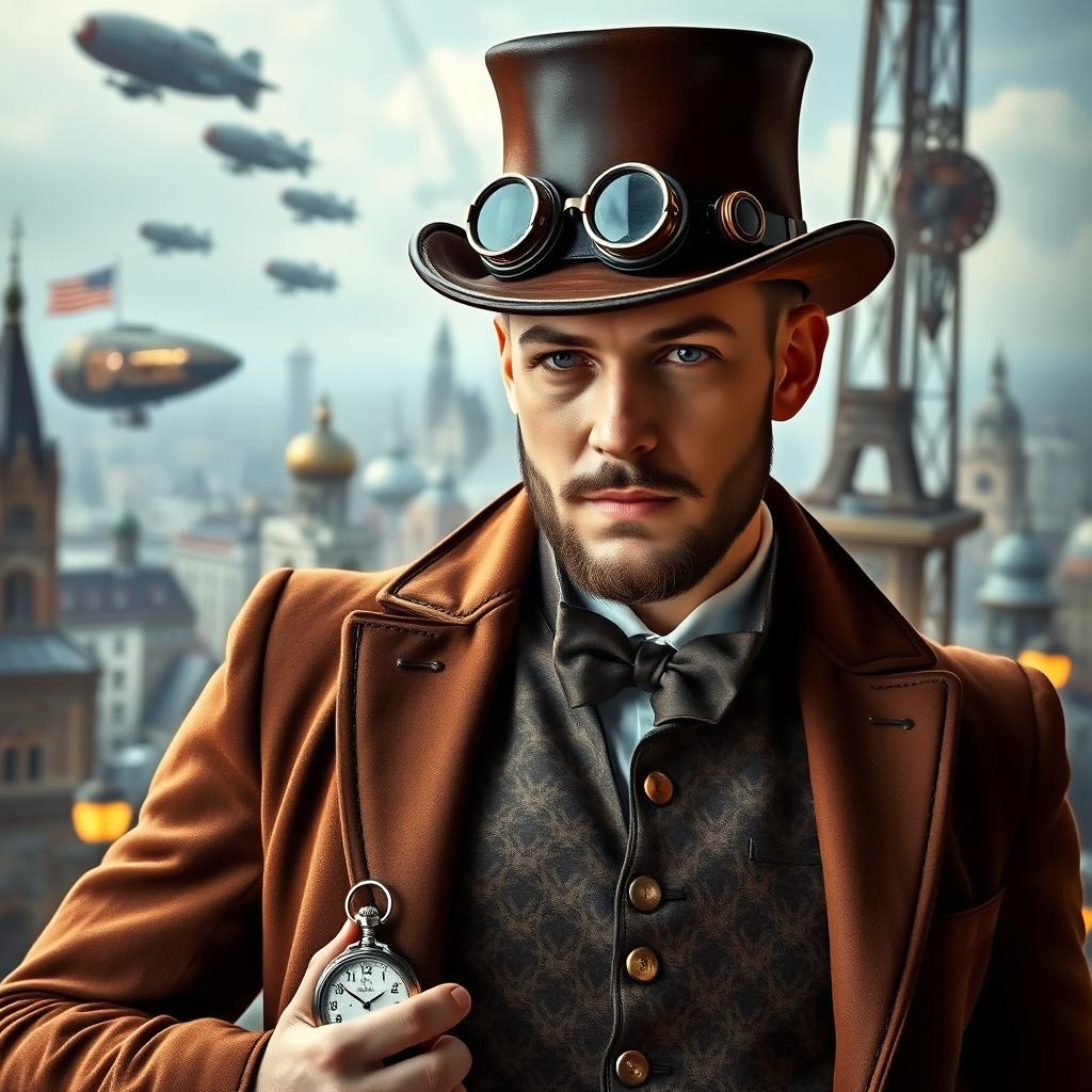 A stylish steampunk man wearing a leather brown top hat adorned with goggles, a Victorian-era waistcoat with intricate patterns, and a fitted jacket with brass buttons