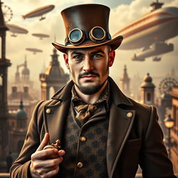 A stylish steampunk man wearing a leather brown top hat adorned with goggles, a Victorian-era waistcoat with intricate patterns, and a fitted jacket with brass buttons