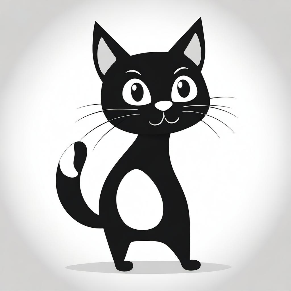 A simple, flat design, black and white cartoon illustration of a playful black cat with no background