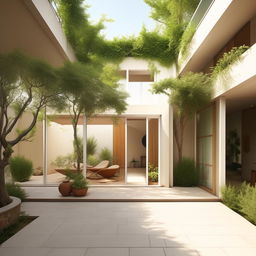 Draw a spacious house with two rooms at the back, a gallery, a central courtyard, and a large living room at the front