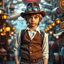 A stylish steampunk adolescent boy wearing a classic brown leather aviator hat with brass goggles, a fitted ornate vest over a crisp white shirt, and tailored trousers adorned with gears and buckles