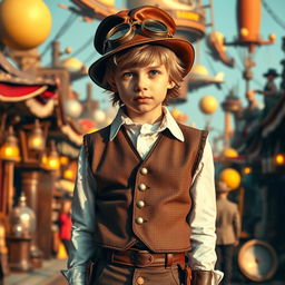 A stylish steampunk adolescent boy wearing a classic brown leather aviator hat with brass goggles, a fitted ornate vest over a crisp white shirt, and tailored trousers adorned with gears and buckles