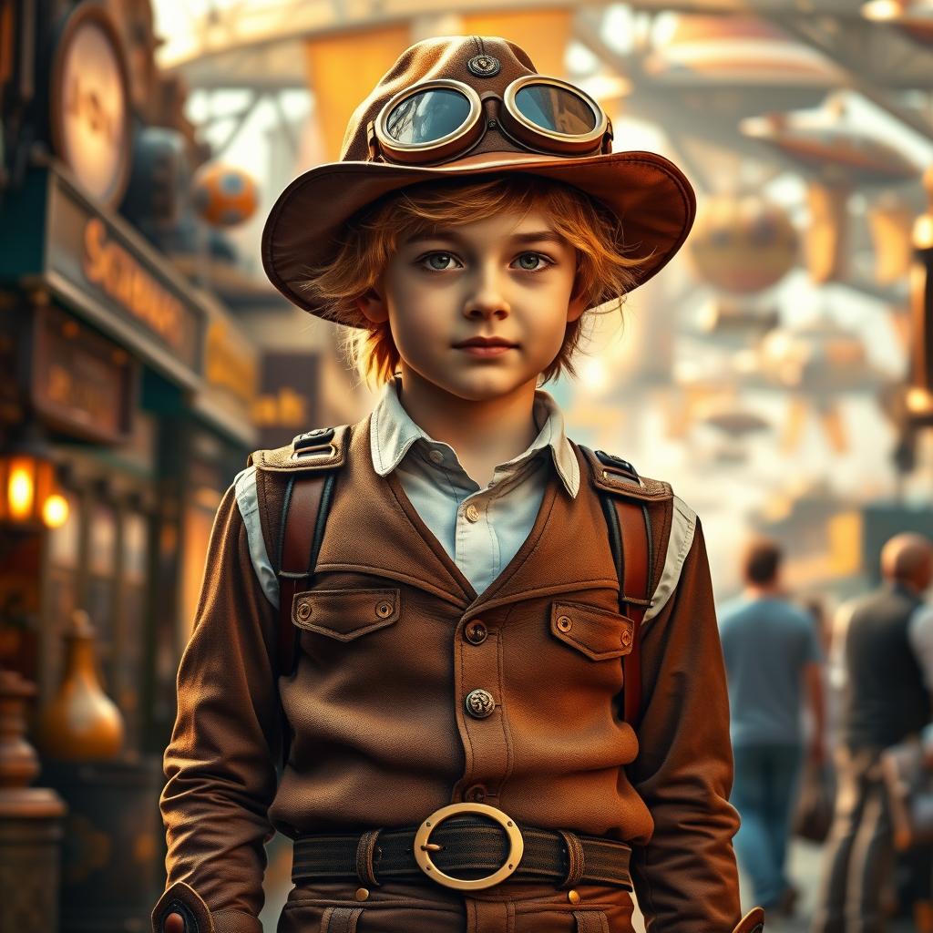 A stylish steampunk adolescent boy wearing a classic brown leather aviator hat with brass goggles, a fitted ornate vest over a crisp white shirt, and tailored trousers adorned with gears and buckles