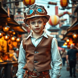 A stylish steampunk adolescent boy wearing a classic brown leather aviator hat with brass goggles, a fitted ornate vest over a crisp white shirt, and tailored trousers adorned with gears and buckles
