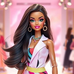 A stylish and glamorous Barbie doll inspired by Gisel Halami, featuring long flowing hair, striking facial features with bold eye makeup, and a radiant smile