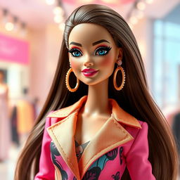 A stylish and glamorous Barbie doll inspired by Gisel Halami, featuring long flowing hair, striking facial features with bold eye makeup, and a radiant smile