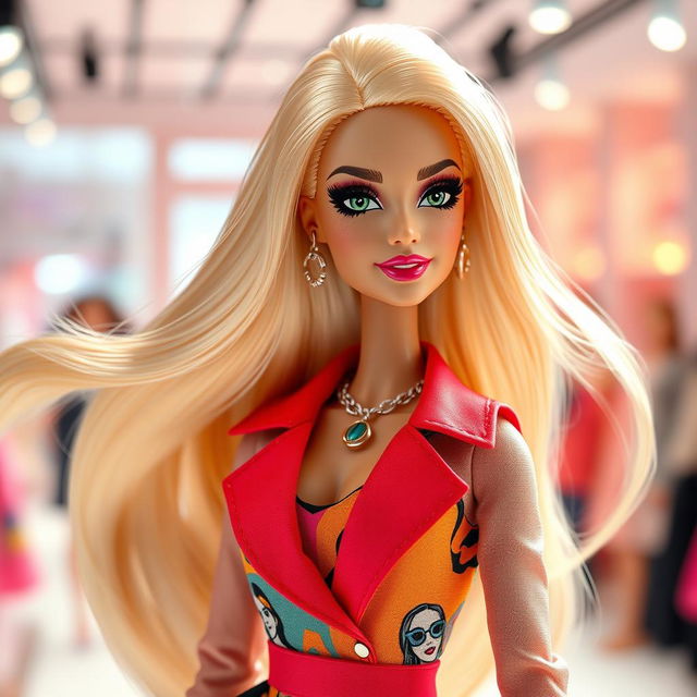 A stylish and glamorous Barbie doll inspired by Gisel Halami, featuring long flowing hair, striking facial features with bold eye makeup, and a radiant smile