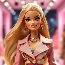 A stylish and glamorous Barbie doll inspired by Gisel Halami, featuring long flowing hair, striking facial features with bold eye makeup, and a radiant smile