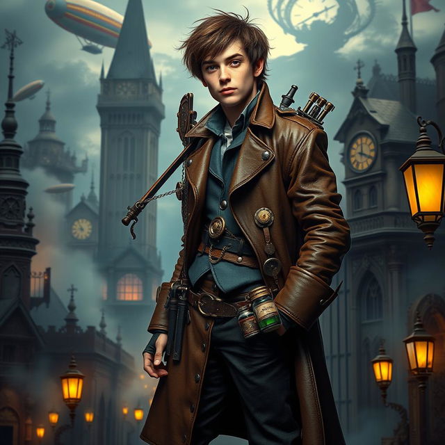 An adventurous 18-year-old steampunk man dressed as a Dungeons & Dragons character, wearing an elaborate leather trench coat adorned with brass gears and chains