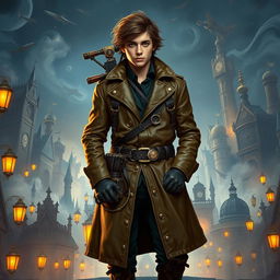 An adventurous 18-year-old steampunk man dressed as a Dungeons & Dragons character, wearing an elaborate leather trench coat adorned with brass gears and chains