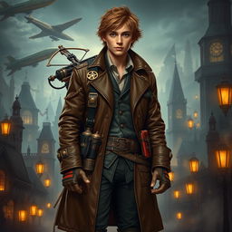 An adventurous 18-year-old steampunk man dressed as a Dungeons & Dragons character, wearing an elaborate leather trench coat adorned with brass gears and chains