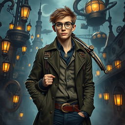 An adventurous 18-year-old steampunk man dressed as a Dungeons & Dragons character, wearing a stylish leather trench coat with brass gears and chains