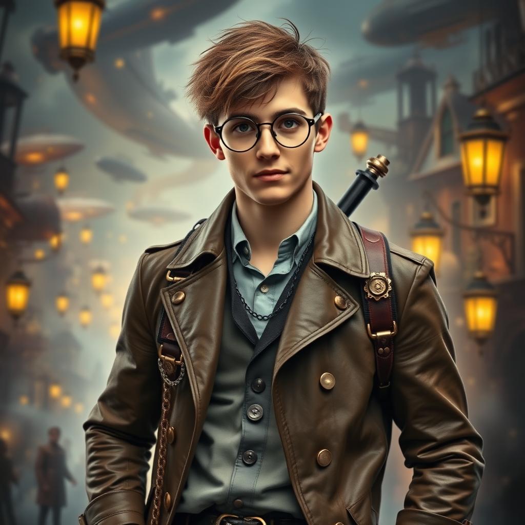 An adventurous 18-year-old steampunk man dressed as a Dungeons & Dragons character, wearing a stylish leather trench coat with brass gears and chains