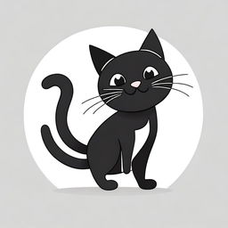 A simple, flat design, black and white cartoon illustration of a playful black cat with no background