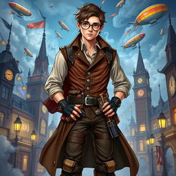 A dynamic 23-year-old steampunk man, designed as a Dungeons & Dragons character, wearing an intricately detailed leather vest with brass accents and a flowing long coat