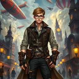 A dynamic 23-year-old steampunk man, designed as a Dungeons & Dragons character, wearing an intricately detailed leather vest with brass accents and a flowing long coat