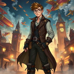 A dynamic 23-year-old steampunk man, designed as a Dungeons & Dragons character, wearing an intricately detailed leather vest with brass accents and a flowing long coat