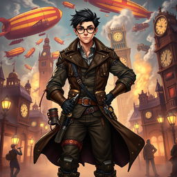 A dynamic 23-year-old steampunk man, designed as a Dungeons & Dragons character, wearing an intricately detailed leather vest with brass accents and a flowing long coat