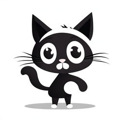 A simple, flat design, black and white cartoon illustration of a playful black cat with no background