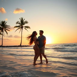 A beautiful scenic beach view during sunset, with gentle waves lapping at the shore and palm trees silhouetted against the colorful sky