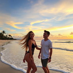 A beautiful scenic beach view during sunset, with gentle waves lapping at the shore and palm trees silhouetted against the colorful sky