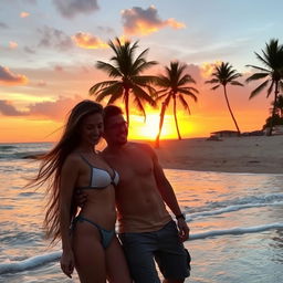 A beautiful scenic beach view during sunset, with gentle waves lapping at the shore and palm trees silhouetted against the colorful sky