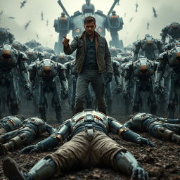 A dramatic scene featuring a man controlling a swarm of thousands of robots behind him, showcasing a sense of power and dominance