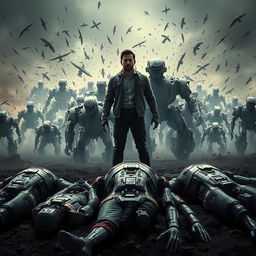 A dramatic scene featuring a man controlling a swarm of thousands of robots behind him, showcasing a sense of power and dominance