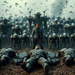A dramatic scene featuring a man controlling a swarm of thousands of robots behind him, showcasing a sense of power and dominance