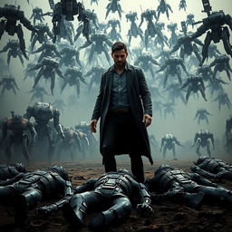 A dramatic scene featuring a man controlling a swarm of thousands of robots behind him, showcasing a sense of power and dominance