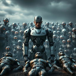 A male robot controller with an evil smile, standing confidently at the forefront of a dystopian landscape