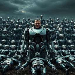 A male robot controller with an evil smile, standing confidently at the forefront of a dystopian landscape