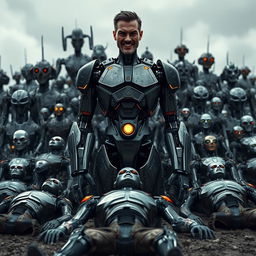 A male robot controller with an evil smile, standing confidently at the forefront of a dystopian landscape