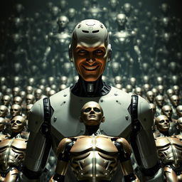 A male humanoid robot controller with an evil smile stands prominently in the foreground, exuding a sense of power and control