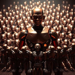 A male humanoid robot controller with an evil smile stands prominently in the foreground, exuding a sense of power and control