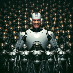 A male humanoid robot controller with an evil smile stands prominently in the foreground, exuding a sense of power and control