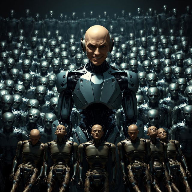 A male humanoid robot controller with an evil smile stands prominently in the foreground, exuding a sense of power and control