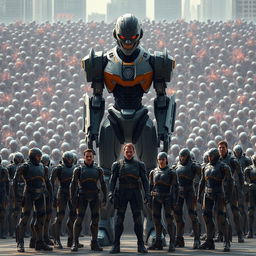 A male semi-robot standing confidently, displaying an evil smile, surrounded by a massive horde of thousands of smaller robots in the background