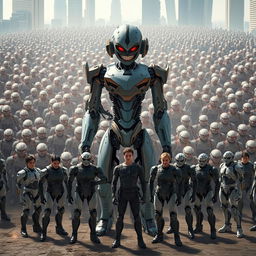 A male semi-robot standing confidently, displaying an evil smile, surrounded by a massive horde of thousands of smaller robots in the background