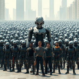 A male semi-robot standing confidently, displaying an evil smile, surrounded by a massive horde of thousands of smaller robots in the background