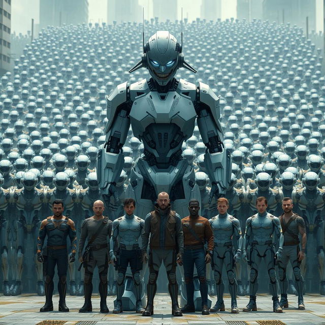 A male semi-robot standing confidently, displaying an evil smile, surrounded by a massive horde of thousands of smaller robots in the background