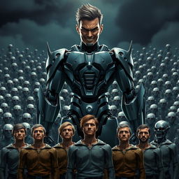 A male semi-robot character with an evil smile, showcasing a mix of human and robotic features