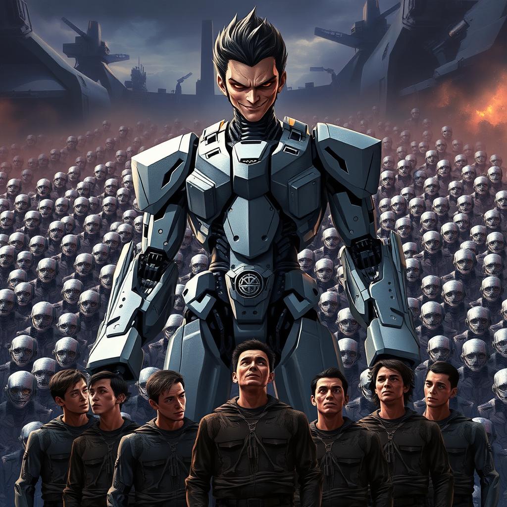 A male semi-robot character with an evil smile, showcasing a mix of human and robotic features