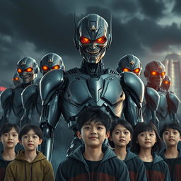 A male semi-robot, featuring intricate metallic details and an evil grin, stands confidently at the forefront of the scene